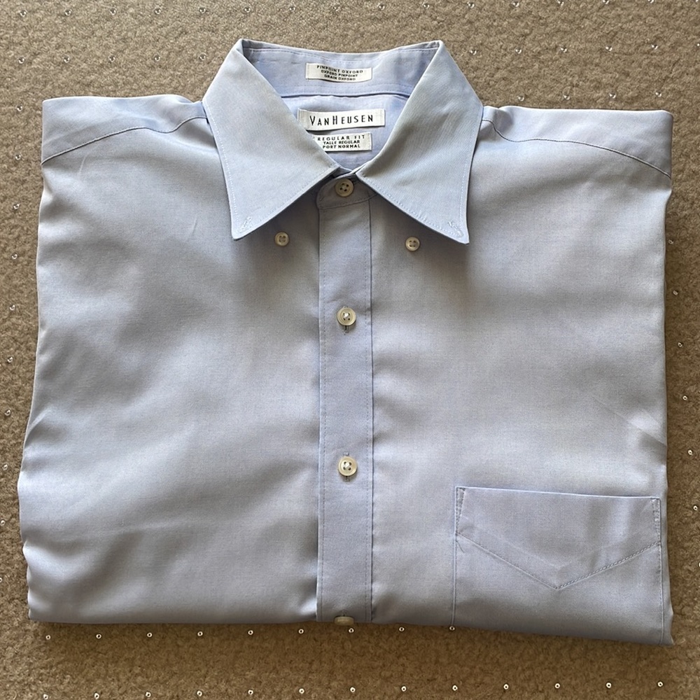 Van Heusen, Long sleeve button down dress shirt, Solid Blue, 15 1/2; 32/33